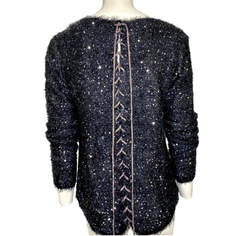 Nuage Lace Up Back Scoop Neck Sparkle Sweater Black Silver Size Large NWT